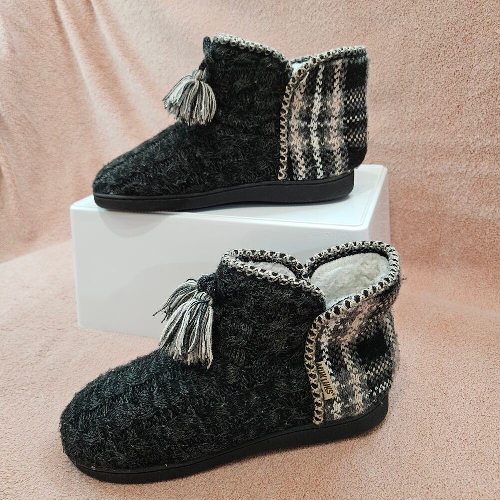 Muk Luks Women's Knit Slipper Booties with Tassel and Plaid Accents